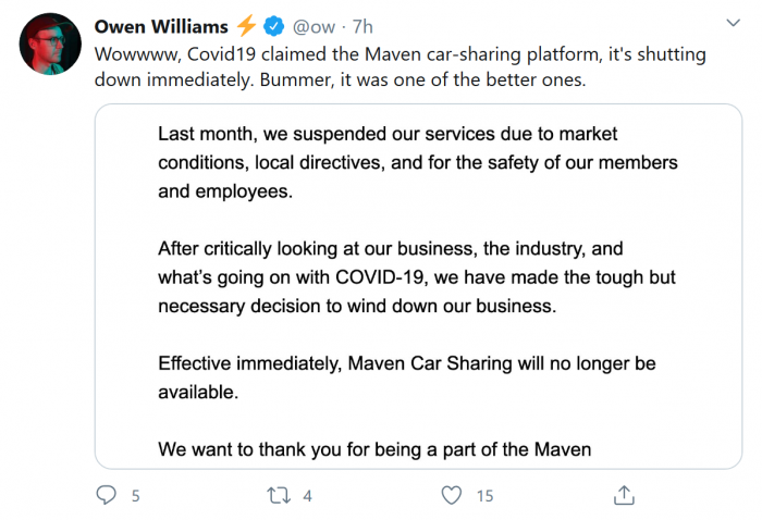 Screenshot_2020-04-22 (1) Owen Williams ⚡ on Twitter Wowwww, Covid19 claimed the Maven car-sharing platform, it